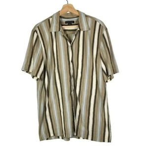 Kenneth Cole Beige & Blue Y2K Vertical Stripe Short Sleeve Button Down L